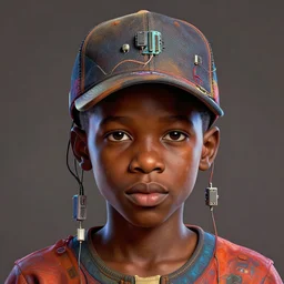 colourful caricature - vfx art - portrait of a nigerian boy wearing a baseball cap with wires and computer chips dangling from inside, art style by james jean, hsiao - ron cheng & frank frazetta, character concept art, unreal engine render, digital illustration, sharp, intricate detail, volumetric light, ray tracing, soft light, symmetric, pinterest, artstation, behance,