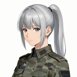 girl silver ponytail hair, multicam uniform, illustration by Yoji Shinkawa and Krenz Cushart, cinematic portrait