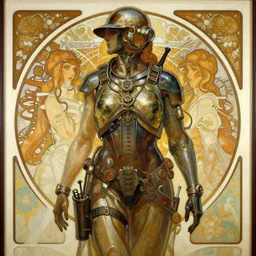 a dieselpunk painting in the style of donato giancola, and in the style of charlie bowater, and in the style of alphonse mucha. symmetry, smooth, sharp focus, semi - realism, intricate detail.