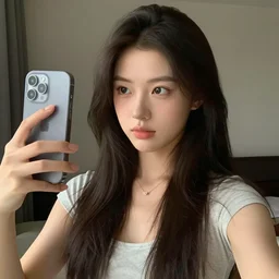studio gibli girl taking a selfie at home