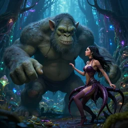 giant troll fighting with a succubus in an ancient bioluminescent forest, ana de armas, flawless symmetrical pretty cute face, greg rutkowski, 8 k, shallow depth of field, intricate detail, concept art,
