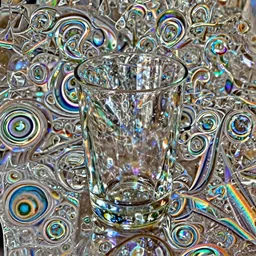 a glass doing caustics over a table, iridiscent, sss, high definition, hdr+, mental ray, pathtracing, trending at artstation