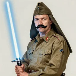 portrait photo of russian man in khaki military tunic wearing papakha with black moustache and shaved chin, holding a lightsaber, handsome, highly detailed, digital painting, artstation, concept art, smooth, sharp focus, illustration, art by gaston bussiere and alphonse mucha