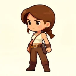 video game platformer chibi character, woman dressed like indiana jones, full body side profile view, artstation, illustration, digital paint, matte paint, vivid colors, bright, cheerful, detailed and intricate