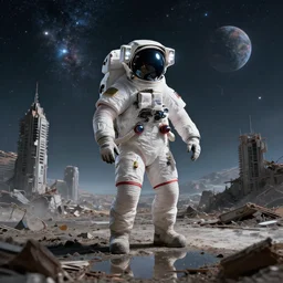photograph of an astronaut an abandoned planet, city ruins, science fiction space suit, cinematic, hypermaximalist, detailed, 4k, breathtaking stars, surrealism, concept art, digital art, sharp focus, reflections, RTX, octane render, acid pixie, Trending on DeviantArt
