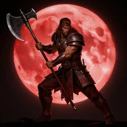 Warrior wielding a greataxe under a red moon, digital art, art by Alphonse Mucha, Greg Rutkowski, Alex Ross, Artstation, 8K
