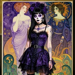 cute punk goth fashion fractal Día de los Muertos tattoed girl posing by Zhang Jingna, film poster art by Dan Mumford Kilian Eng Hannah Jeffrey Smith Rick Griffin Alphonse Mucha Gustav Klimt Ayami Kojima Amano Charlie Bowater, violet and black
