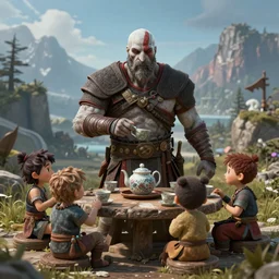 god of war having a tea party with little kids, digital painting, 3 d, octane render