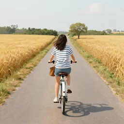 a girl wearing stripes riding a bicycle down a quiet Village Road with wheat fields on either side, matte painting, trending on ArtStation