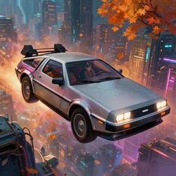 an epic fantasy comic book style portrait painting of a flying delorean flying over a cyberpunk city, studio ghibli, unreal 5, daz, hyperrealistic, octane render, cosplay, rpg portrait, dynamic lighting, intricate detail, harvest fall vibrancy, cinematic