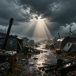 dystopian salvage yard in the rain