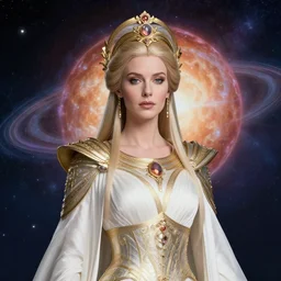 portrait of the powerful empress of the solar system in the style of anna dittmann and in the style of vladimir kush. glowing, ornate and intricate linework, stunning, dynamic lighting, ultrafine and hyperdetailed.