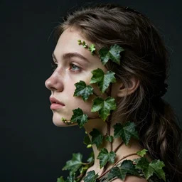 a young woman's face in profile, made of climbing ivy, in the style of the dutch masters and gregory crewdson, dark and moody