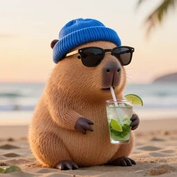 a photorealistic photograph of a knitted cute Capybara wearing sunglasses and dressed in a blue beanie cap. The Capybara is also sipping from a Mojito drink at the beach during sunset. The image is Trending on Artstation, featured on Behance, well-rendered, fine detail, extra crisp image, Unreal Engine, 4K HD