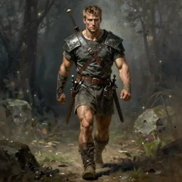 Portrait of a rugged ranger marching toward the viewer, male, muscular, blue eyes!!!!, straight nose!!!, detailed face, exposed thighs!!!, fantasy, medieval, highly detailed, painting by greg rutkowski