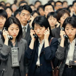 crowd of japaneses in public phones, artwork by steve henderson