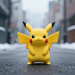 a beautiful photo by saul leiter of a tiny photoreal pokemon standing in a street, tiny gaussian blur, insanely detailed, insanely intricate, insanely beautiful, depth of field, low contrast, snowy, wide aperture, color photography