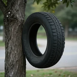 sad tire hanging from a tree