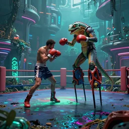 amazing detailed lucid surreal rendering by wes anderson, octane render, volumetric lighting, depth of field, futurisitic boxing ring in a dying utopia, neon radioactive swamp, lizardman on stilts fighting human boxer