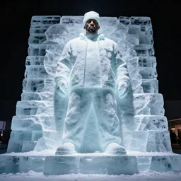 dramatic photo, full body statue of rapper'ice cube'carved out of ice, full body, wide angle photo, award winning