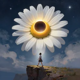 huge white daisy flower blooming as a head, girl walking on cliff, surreal photography, solar eclipse, stars, dramatic light, impressionist painting, clouds, digital painting, artstation, james gilleard, liam wong, jeremy mann, simon stalenhag