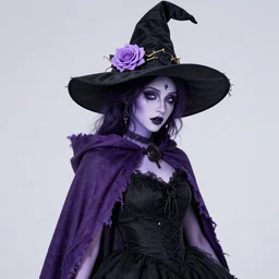 A witch with pale light purple skin and overall witch appearance. A black witch hat decorated with a light purple rose with golden thorns. She wears a black dress and a purple ragged cape