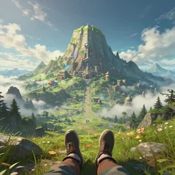 first person perspective digital illustration of Death Mountain in Hyrule reimagined by industrial light and magic:1|wide angle panoramic by beeple and Roger Dean, viewed from eye level:0.9|fantasy, cinematic:0.9|Unreal Engine, Octane, finalRender, devfiantArt, artstation, artstation HQ, behance, HD, 16k resolution:0.8