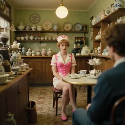 a man in a sexy nurse outfit sits inside of a tea shop alone at a table waiting for someone, film still from the movie directed by Wes Anderson with art direction by Zdzisław Beksiński, wide lens