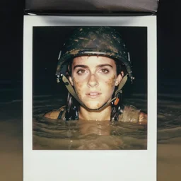 film still, close up, emma watson rising out of muddy vietnam river, face covered in mud, combat helmet, low camera angle at water level, night time, film still from apocalypse now ( 1 9 7 9 ), 2 6 mm polaroid polaroid polaroid polaroid polaroid expired expired expired,