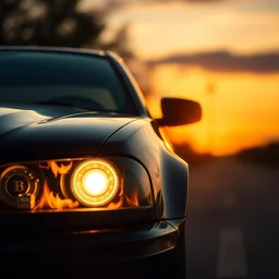 car on fire, golden hour, ultrahd, close up, 8 k, shot on film camera