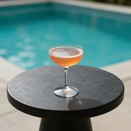 5 5 mm photo of best round cocktail on a zen minimalist table with gorgeous pool in the background. highly detailed 8 k. intricate. lifelike. soft light. nikon d 8 5 0.
