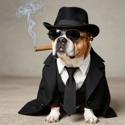 A dog dressed as a mob boss smokes a cigar