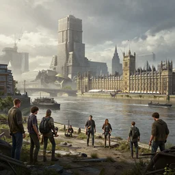 London South Bank and River Thames, post-apocalypse scenario, concept art by Noah Bradley, Darek Zabrocki, Tyler edlin, Jordan Grimmer, Neil Blevins, James Paick, Natasha Tan, highly detailed, ultra detailed, ultra realistic, trending on artstation, cgstudio
