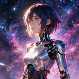 makoto shinkai. robotic android girl. futuristic cyberpunk. dystopia. vibrant nebula sky. arm