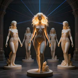sculptures, lasers, glowing people, skin, god rays, hair, ultra detailed