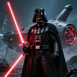 Darth Vader with a red lightsabre, destroying his own ship