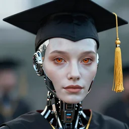 a stunning ultra detailed fantasy fine art portrait photo of a robot from ex machina movie wearing a graduation hat, by tom bagshaw, wlop and artgerm, 3 5 mm lens, golden ratio composition, deep depth of field, perfect eyes and face, cyberpunk, soft lighting, artstation, 8 k
