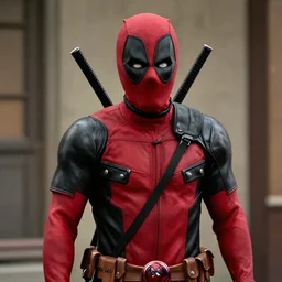 film still, Bob Ross in deadpool suit