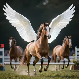 3 d render of an appaloosa horse is flapping its horse wings at a steeplechase event. the wings are luminescent white, very very smooth, very very large and unfurled. professional high quality, cgsociety, fantasy, photorealism, dof, bokeh, dramatic lighting