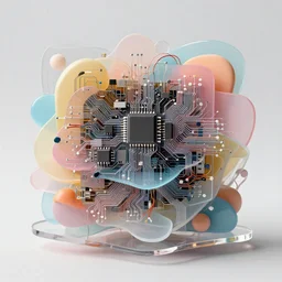 a layered abstract sculpture made from densely detailed computer circuits, transistors, led, wire, macro photography, translucent pastel panels, smooth stylized shapes, embedded in clear epoxy, macro, overlapping layers, hyper - realistic vfx render