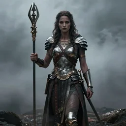 elisha cuthbert as the goddess of war. movie still. sinister atmospheric lighting. highly detailed, ground mist