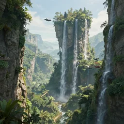 the simulation is set to fly through celestial towers, mountainous terrains filled with lush with flora and waterfalls, no gods no masters no labels, by antoine wiertz and noah bradley, visually stunning, cinematic, ultra realistic, hyper realism, 1 2 k, epic, octane render, unreal engine, vfx, maya
