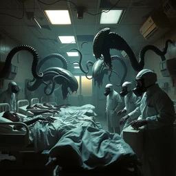 big budget science fiction movie set in a trashed war torn hospital high energy fight scene between bizarre disturbing slimy wet terrifying alien life forms and doctors wearing gas masks on hospital beds dramatic lighting chiaroscuro