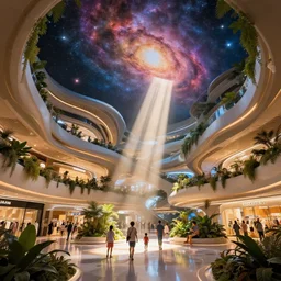 colossal spaceship shopping mall, design by zaha hadid, beautiful nebulas, dramatic warm and cold lighting. light shafts and god rays. families enjoying themselves, lush plants, architectural photography, 8 k, realistic lighting, reflections, bloom, hyperdetailed environment, pbr materials.