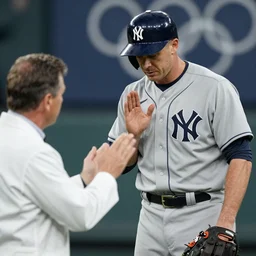 a visibly malfunctioning android arron judge pleading with a yankees scientist to repair him