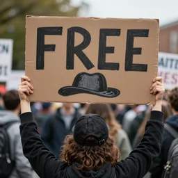 a protestor holding a sign that says free hat