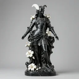 hollow, knight, feathers, horns, wide angle, italian masterpiece, Ashford Black Marble, sculpture, baroque, draped with white Hibiscus and vines and spines, fanerge eggs, white marble and gold, drapes, beetle, still life, Obsidian, portrait, render, octane, artstation, ultra detailed