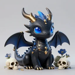 cute little black dragon, cute dragon, blue and gold, flowers, skulls, cool, highly detailed, artgerm, cushart krenz, artstation, soft light, sharp focus, illustration, character design, concept art
