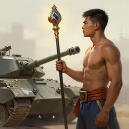 side profile of a filipino fighter holding a scepter next to a tank, fantasy, digital painting, volumetric light, intricate, sharp, focus, bloom, illustration, highly detailed, concept art, matte, ruan jia and greg rutkowski, masterpiece