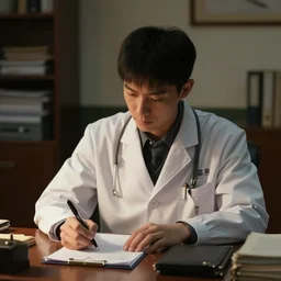 young asian man wearing a doctor's coat writes in his office, dim lighting, nostalgic atmosphere